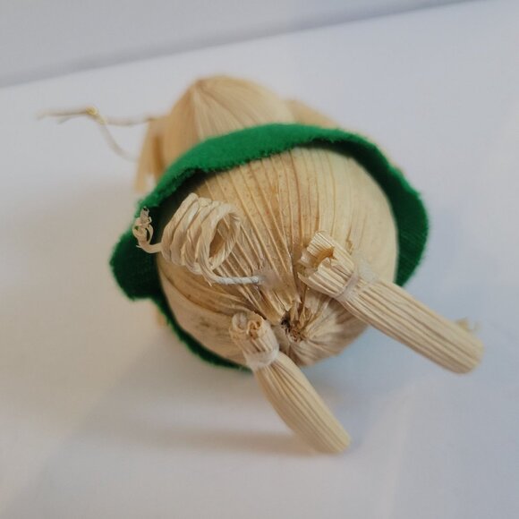 Handcrafted Corn Husk Mouse Ornament In Green Dress Holding Lollipop - Picture 5 of 6